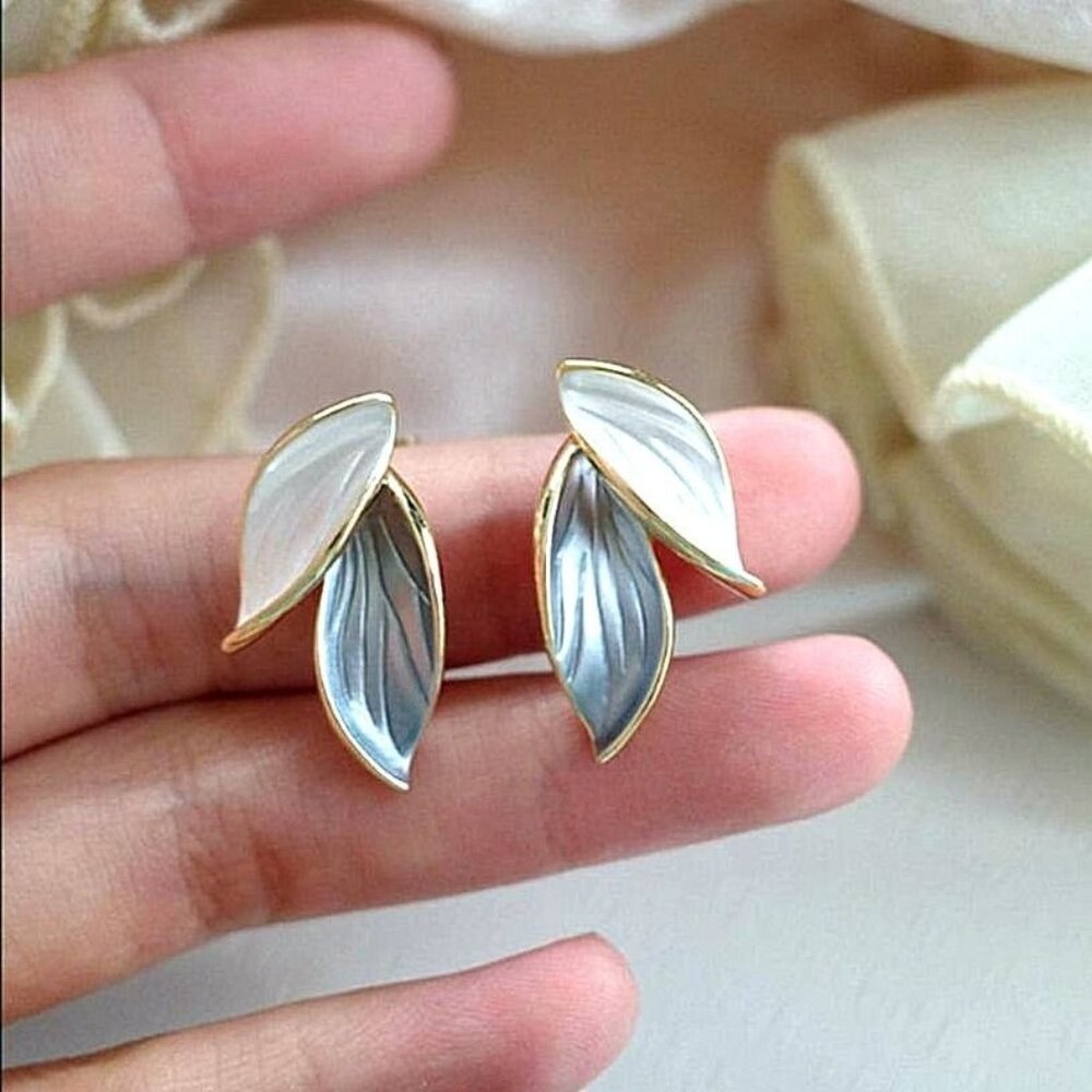 Natalie Elyse Leaf Earrings in Soft Blue and Creamy White on Gold Gift Packaged - Picture 3 of 9